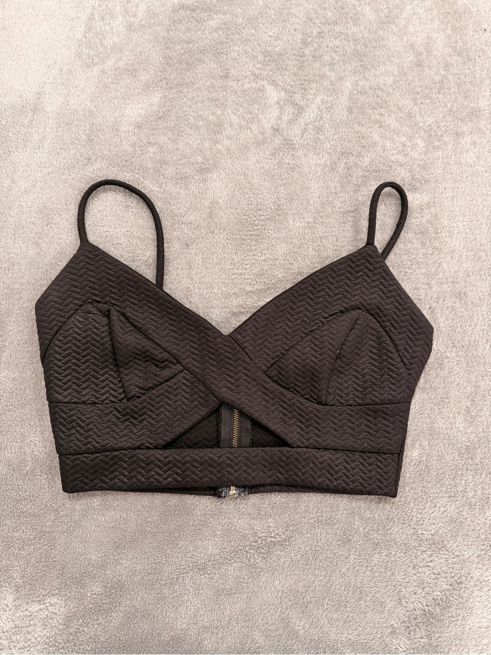 Black Textured Crop Bralette with Strappy V-Neck